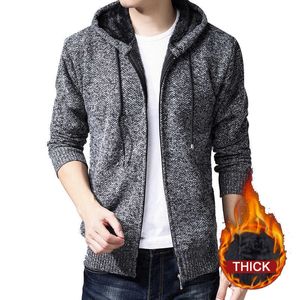 Mens Sweaters Cardigans Coats Long Sleeve Hooded Knitted Cardigan Masculino Winter Thick Autumn Velvet Men Warm Zipper Polyester 210601