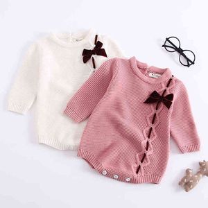 Autumn Winter Baby Girl Bowknot Rompers Long Sleeves born 210429