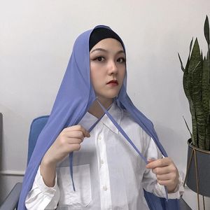 2022 Trendy Women Plain Bubble Chiffon With Rope Convenient Hijab Wrap Solid Color Muslim Hijabs Scarf Headscarf 20 COLOR