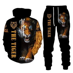 The Tiger 3D Printed Men's Hooded Sweatshirt Set Pants Sportswear Tracksuit Long Sleeve Autumn Winter Clothing Suit 211220