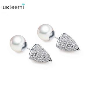 LUOTEEMI Luxury Cubic Zircon With White Pearl Taper Spike Cheater Expander Fake Ear Plugs Stretcher Earring Stud Piercing