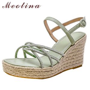 Meotina Sandals Shoes Women Wedges Super High Heel Sandals Buckle Square Toe Ladies Footwear Summer Green Beige Shoes 210608