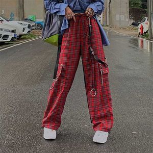 Houzhou punk cargo xadrez calças mulheres gótico harajuku vermelho xadrez checkered perna calças para feminino outono streetwear hippie moda 211115