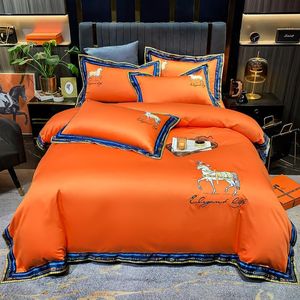 Bettwäsche-Sets Luxus Orange 600TC Ägyptische Baumwolle Pferd Stickerei Set Doppel Bettbezug Bettlaken Kissenbezüge Heimtextilien