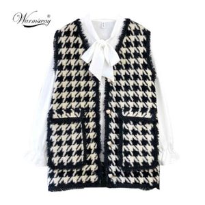 Högkvalitativ Houndstooth Faux Mink Fur Women Spring Autumn Single-breasted Waistcoat Stickad Vest Ärmlös Jacka C-258 211130