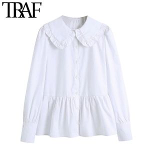 Traf Women Sweet Fashion Button-Up Ruffled Blueses Vintage Lapel Collar Long Sleeve Female Shirts Blusa CHIC TOPS 210415