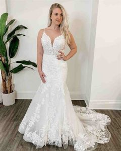 Echtes Bild Meerjungfrau-Hochzeitskleid mit Rüschen, Tüll, applizierter Spitze, Robe De Mariee, maßgeschneidertes Spaghetti-Träger-Sommer-Strand-Boho-Brautkleid