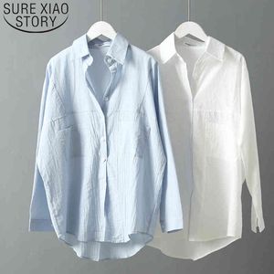 Kvinnor och blusar Långärmade T-shirts för kvinnor Toppar Knapp Solid Avstängningskrage Koreanskt Kläder 6809 50 210415