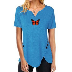 女性Tシャツ夏カジュアル半袖Tシャツ緩いボタン不規則なTシャツレディースVネックプラスサイズトップ210522
