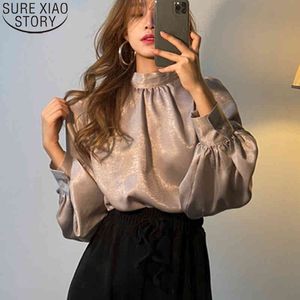 Puff Satand Collar Elegante Moda Mulheres Cetim Blusa Coreano Camisa Longa Camisa Escritório Senhora Primavera Blusas Blusas 12944 210417
