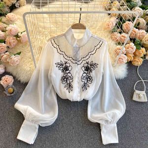 Chic Womens Long Puff Sleeve Singel Bresated Blouse Black White Fashion Flower Broderi Chiffon Shirts och Tops 210416