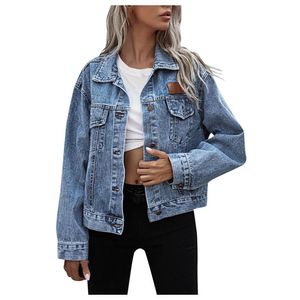 Damenjacken Damen Vintage Revers Knopfleiste Langarm Tasche Distressed Oversize Denim Jean Jacke Teenager Mädchen Mantel