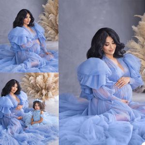 2021 Graceful Lavender Plus Size Pregnant Ladies Maternity Sleepwear Dress Ruffle Long Sleeves Nightgowns For Photoshoot Lingerie Bathrobe Nightwear Baby Shower