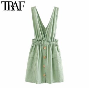TRAF Women Sweet Fashion Pockets Pinafore Dress Vintage V Neck Elastic Waist Straps Female Dresses Chic Vestidos Mujer 210415