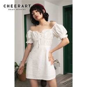 Off Shoulder Dress Summer Lantern Sleeve White Tunic Mini Women Short Ladies Ruched Fashion 210427