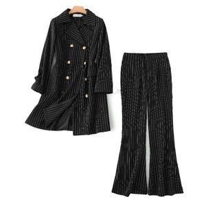 High quality women's suit pants two-piece style striped mid-length jacket for autumn and winter Casual flared 210527