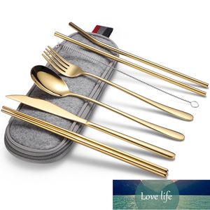 Stainless Steel Tableware Set Portable Gold Kitchen Accessories Knife Fork Spoon Chopsticks Straw Cutlery 7piece Dinnerware Sets Factory price expert design