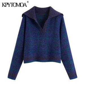 Moda damska z żebrowanymi wykończeniem sprawdzić przycięty sweter z dzianiny vintage z długim rękawem kobiet swetry eleganckie topy 210416