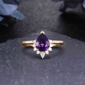14K Solid Gold 1.26CT Bonkre / Drop Cut Natural Amethyst Engagement Wedding Ring 2021 Hotsale Unikalny luksusowy pierścień rocznicy