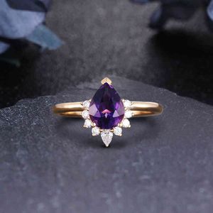 14K Сплошное золото 1,26CT Груша / падение натуральный натуральный аметист обручальное обручальное кольцо 2021 Hotsale уникальный роскошный юбилейное кольцо