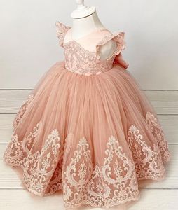 2021 Blush Pink Lace Flower Girl Dresses Ball Klänning Baklösa Vintage Lilttle Barn Födelsedag Pageant Wedding Gowns ZJ674