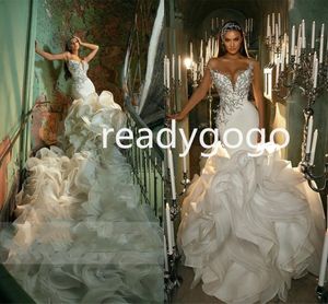 Lyxiga sjöjungfru bröllopsklänningar Sweetheart Crystal Beading Off Shoulder Cathedral Ruffles Train Bridal Gown Robes de Mariée 2021