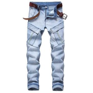 New Brand Men's Fashion Black Blue Biker Jeans Men Casual Slim Fit vaqueros hombre Multi Pockets Denim Pants Trousers Size 29-42 X0621