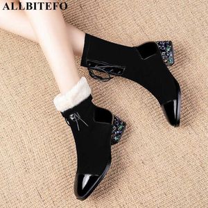 AllbiteFo Grube Obcasy Prawdziwej Skóry Kolor Diamond Heel Snow Women Boots Brand High Heels Botki do Woemn Rozmiar: 34-42 210611