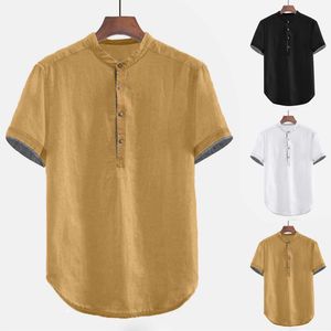 Mäns Baggy Solid Bomull Linen Kortärmad Knapp Plus Storlek T-shirt Toppar Blus Fashion Print T-shirts för Män