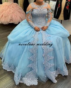 Off the Shoulder Sky Blue Quinceanera Dress Ball Gown 2021 Lace Appliques Flowers Beaded Long Sleeves Formal Party Gowns