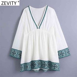 Women Vintage V Neck Hem Patchwork Embroidery Casual Pleats Mini Dress Female Chic Ethnic Style Kimono Vestido DS8261 210416