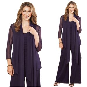 2021 Elegant Purple Plus Size Mother Of The Bride Pants Suits With Jacket Womens Chiffon Long Sleeve Mother Formal Dress For Weddi225s