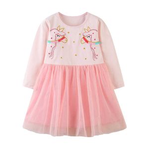 Jumping Meters Long Sleeve Embroidery Princess Girls Dresses Mesh Tutu Party Baby Cotton Clothes for Autumn Spring Kids Dress 210529
