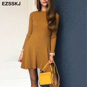 grundläggande höst vinter kort aline tjock tröja klänning elegant knit kvinnor slim mini kvinnlig chic sexig 210706