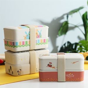 1000 ml Doppelschicht Bambusfaser Kind Bento Box Schule Büro Reisen Wandern Camping Lunchbox Auslaufsicherer Lebensmittelbehälter 210818