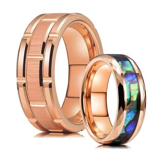 Wedding Rings Fashion 8mm Colorful Abalone Shell Inlay Tungsten Ring For Men Women Rose Gold Double Groove Brick Pattern Brushed