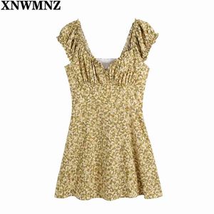 Summer Dress Women Short Puff Sleeve V Neck Ruffle Beach es Woman Chic Side Zip Smocked Elastic Mini 210520