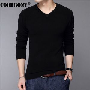 Coodrony Casual Slim Fit Sweater Classic Pure Black Pullover Män Solid Färg V-Hals Pull Homme Cashmere Ulltröjor Skjortor