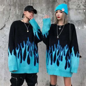 Pull Homme Blue Flame Sweater Vermelho Roxo Homens Mulheres Outono Inverno Moda Coreana Vintage Hip Hop Camisolas Roupas Masculinas 211224