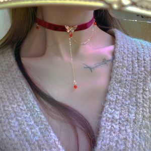 Mori Girl Sweet Lolita Choker Double-Deck Clavicle Chain Velvet Halsband Ribbon Vintage Vin Röd Vintage Butterfly Neckwear