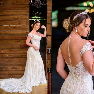 Крышки рукава плюс размер свадебное платье с глубокими жемчугами кнопки аппликации пляжный кантри свадебные платья Vestido de Novia
