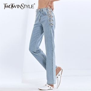 Chain Jeans For Women High Waist Hollow Out Straight Vintage Casual Blue Denim Pants Female Fashion Clothing 210521