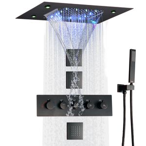 DULABRAHE Oljegnidad brons termostatisk regnduschkransystem 14 X 20 tum LED Vattenfall Regnfall Badrumshuvud