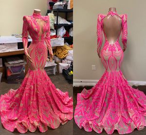 Fuchsia Shiny Mermaid Prom Dresses Sparkly Sequin Lace long Sleeve Illusion Mesh Cutout African Girl Evening Gown Robe De Soiree