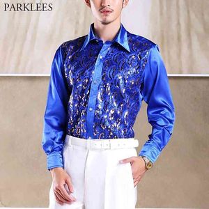 Royal Blue Wave Pattern Sequin Shirt Men Stage Prom Skjortor Klänning Mens Dance Host Chorus Camisa Masculina 210522