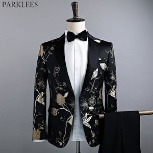 Gold Floral Bordado Bordado Elegante Vestido Homens Marca Um botão Notched Lapel Smoking Ternos para Jantar Do Partido Casamento 210522