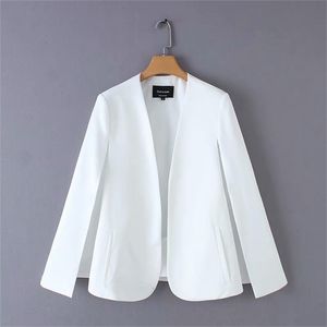 Women elegant black white color v neck split casual cloak coat office lady wear outwear suit jacket open stitch tops CT237 210722