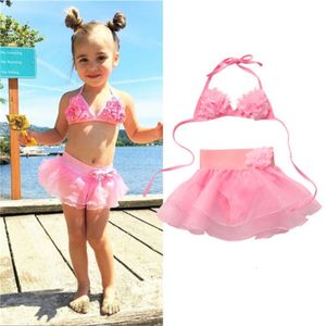 Barn baby barn beachwear bikini set simma kostym baddräkt tjejer rosa blomma baddräkt spets badkläder