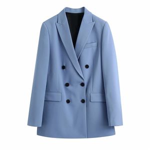 Eleganckie kobiety Blue Notched Collar Blazers Moda Damska Kurtka Podwójna Kurtka Przyczynowe Kobiece Chic Kieszonkowe Płaszcze 210430