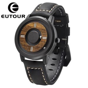 腕時計eutour磁気ボール木製ダイヤル時計メンズファッションカジュアルクォーツ腕時計シンプルな男性ラウンドレザーストラップリスト